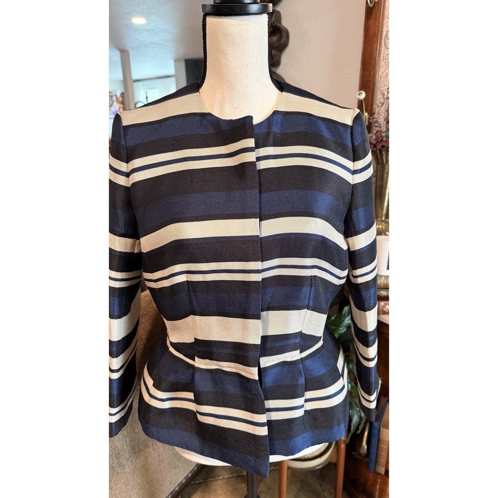 Ann Taylor Striped Peplum Jacket Size 4 Navy Beige Career Blazer